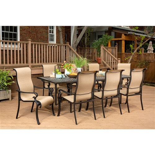 Hanover - Brigantine 9pc: 8 Sling Dining Chairs, Expandable Cast Dining Table - Cast/Tan-United Backyard