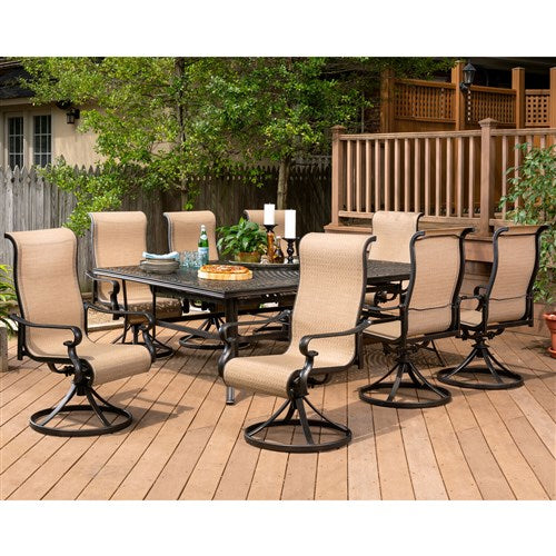 Hanover - Brigantine 9pc: 8 Sling Swivel Rockers, 60x84" Cast Dining Table - Cast/Tan-United Backyard