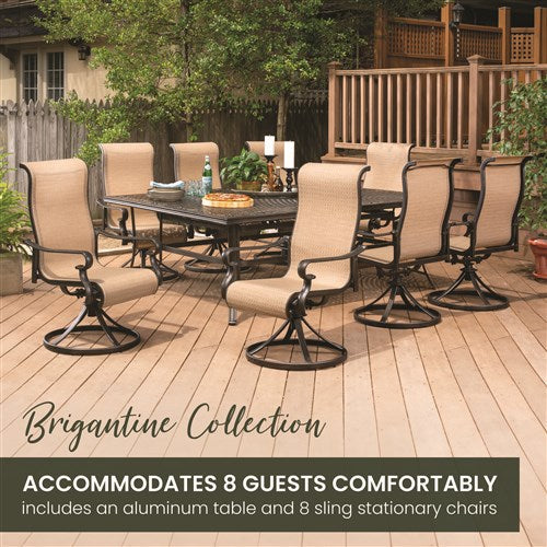 Hanover - Brigantine 9pc: 8 Sling Swivel Rockers, 60x84" Cast Dining Table - Cast/Tan-United Backyard