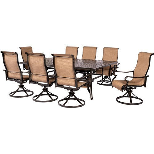 Hanover - Brigantine 9pc: 8 Sling Swivel Rockers, 60x84" Cast Dining Table - Cast/Tan-United Backyard