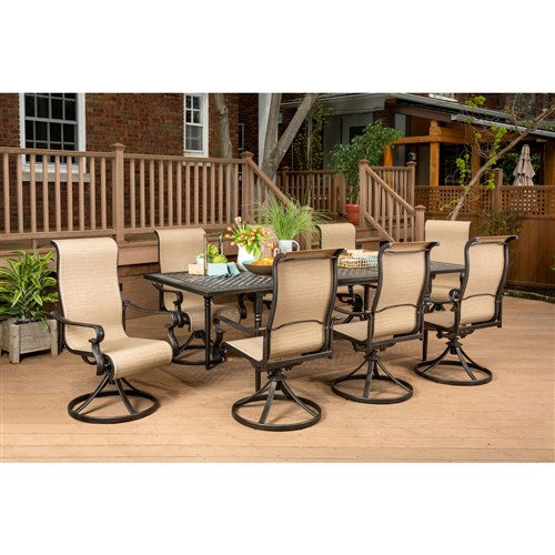 Hanover - Brigantine 9pc: 8 Sling Swivel Rockers, Expandable Cast Dining Table - Cast/Tan-United Backyard