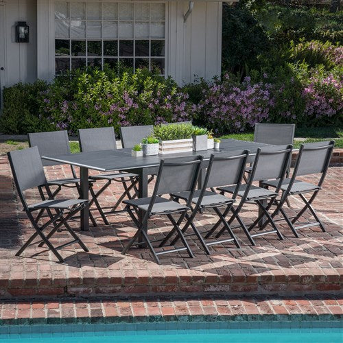 Hanover - Cameron 11pc: 10 Aluminum Sling Folding Chairs, 63-94" Alum Extension Table - Gray/Gray-United Backyard