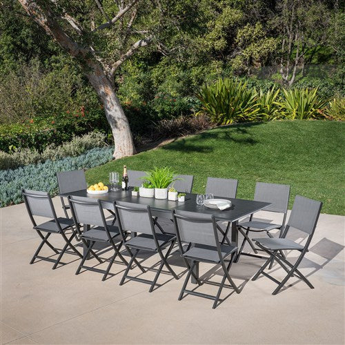 Hanover - Cameron 11pc: 10 Aluminum Sling Folding Chairs, 63-94" Alum Extension Table - Gray/Gray-United Backyard