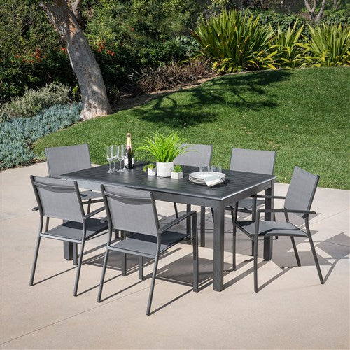 Hanover - Cameron 7pc: 6 Aluminum Sling Chairs, 63-94" Aluminum Extension Table - Gray/Gray-United Backyard