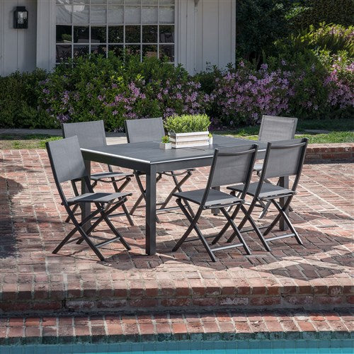 Hanover - Cameron 7pc: 6 Aluminum Sling Folding Chairs, 63-94" Alum Extension Table - Gray/Gray-United Backyard