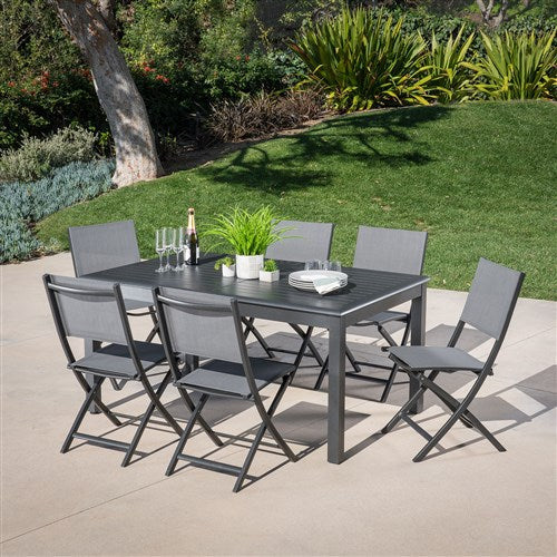 Hanover - Cameron 7pc: 6 Aluminum Sling Folding Chairs, 63-94" Alum Extension Table - Gray/Gray-United Backyard