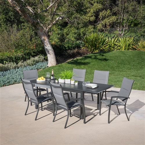 Hanover - Cameron 7pc: 6 High Back Padded Sling Chairs, 63-94" Alum Extension Table - Gray/Gray-United Backyard