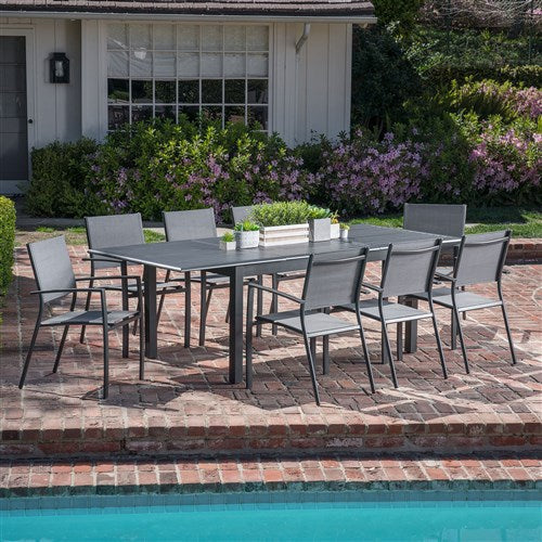 Hanover - Cameron 9pc: 8 Aluminum Sling Chairs, 63-94" Aluminum Extension Table - Gray/Gray-United Backyard