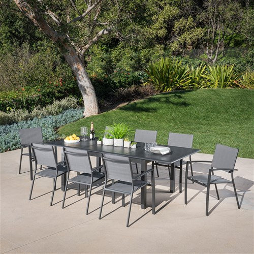 Hanover - Cameron 9pc: 8 Aluminum Sling Chairs, 63-94" Aluminum Extension Table - Gray/Gray-United Backyard