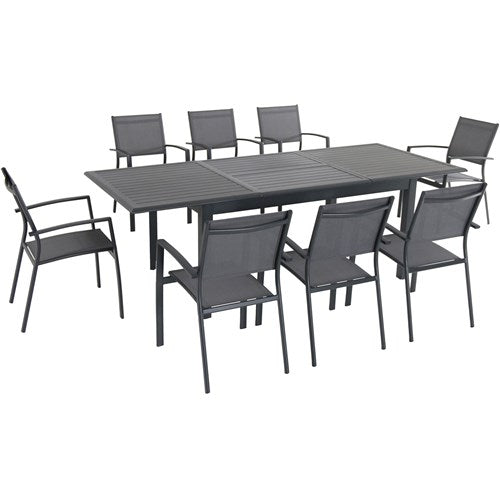 Hanover - Cameron 9pc: 8 Aluminum Sling Chairs, 63-94" Aluminum Extension Table - Gray/Gray-United Backyard