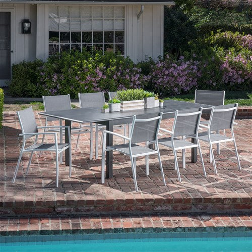 Hanover - Cameron 9pc: 8 Aluminum Sling Chairs, 63-94" Aluminum Extension Table - White/Gray-United Backyard