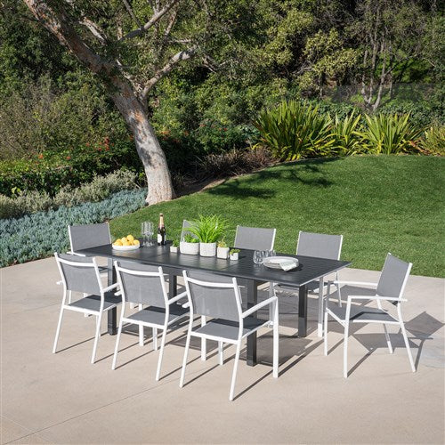 Hanover - Cameron 9pc: 8 Aluminum Sling Chairs, 63-94" Aluminum Extension Table - White/Gray-United Backyard