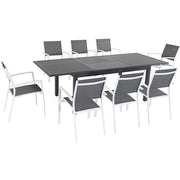 Hanover - Cameron 9pc: 8 Aluminum Sling Chairs, 63-94" Aluminum Extension Table - White/Gray-United Backyard