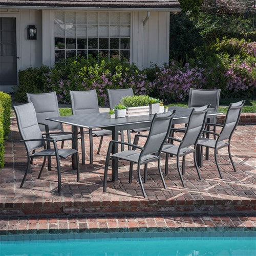 Hanover - Cameron 9pc: 8 High Back Padded Sling Chairs, 63-94" Aluminum Extension Table - Gray/Gray-United Backyard
