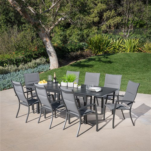 Hanover - Cameron 9pc: 8 High Back Padded Sling Chairs, 63-94" Aluminum Extension Table - Gray/Gray-United Backyard