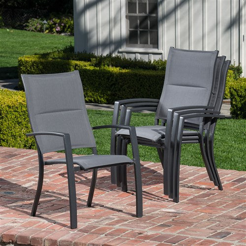 Hanover - Cameron 9pc: 8 High Back Padded Sling Chairs, 63-94" Aluminum Extension Table - Gray/Gray-United Backyard