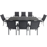 Hanover - Cameron 9pc: 8 High Back Padded Sling Chairs, 63-94" Aluminum Extension Table - Gray/Gray-United Backyard