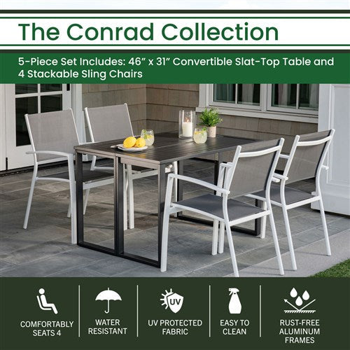 Hanover - Conrad 5pc Dining Set: 4 Alum Sling Chairs and Folding Table - White/Gray-United Backyard