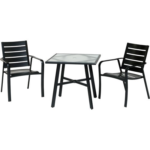 Hanover - Cortino 3pc Dining Set: 2 Aluminum Slat Dining Chairs and 1 30" Square Glass Table - Gunmetal-United Backyard