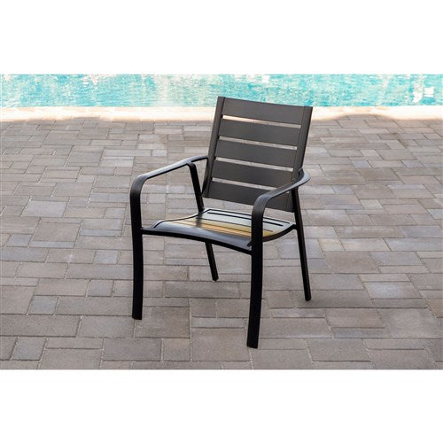 Hanover - Cortino 3pc Dining Set: 2 Slat Dining Chairs, 30" Sq Slat Table, Umbrella & Base - Gunmetal-United Backyard