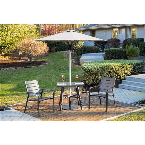 Hanover - Cortino 3pc Dining Set: 2 Slat Dining Chairs, 30" Sq Slat Table, Umbrella & Base - Gunmetal-United Backyard