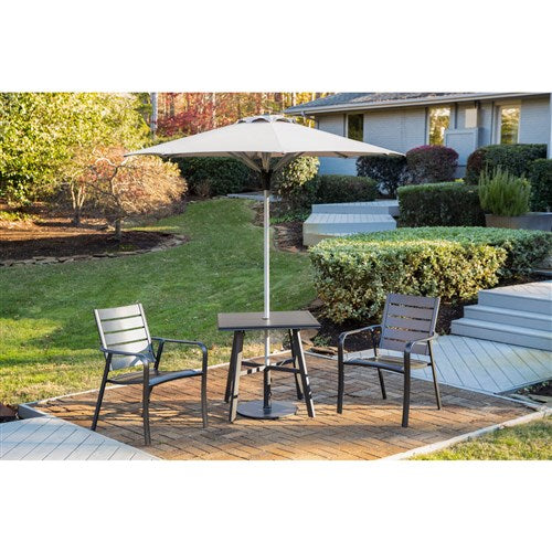 Hanover - Cortino 3pc Dining Set: 2 Slat Dining Chairs, 30" Sq Slat Table, Umbrella & Base - Gunmetal-United Backyard