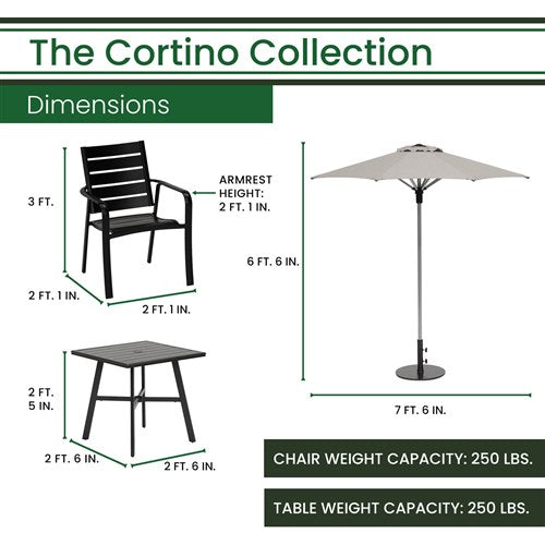 Hanover - Cortino 3pc Dining Set: 2 Slat Dining Chairs, 30" Sq Slat Table, Umbrella & Base - Gunmetal-United Backyard