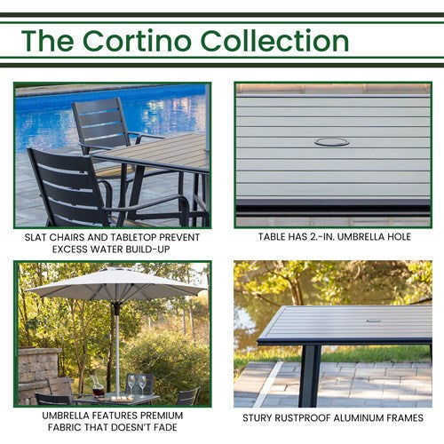 Hanover - Cortino 3pc Dining Set: 2 Slat Dining Chairs, 30" Sq Slat Table, Umbrella & Base - Gunmetal-United Backyard