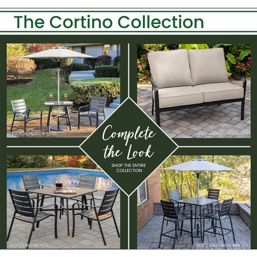 Hanover - Cortino 3pc Dining Set: 2 Slat Dining Chairs, 30" Sq Slat Table, Umbrella & Base - Gunmetal-United Backyard