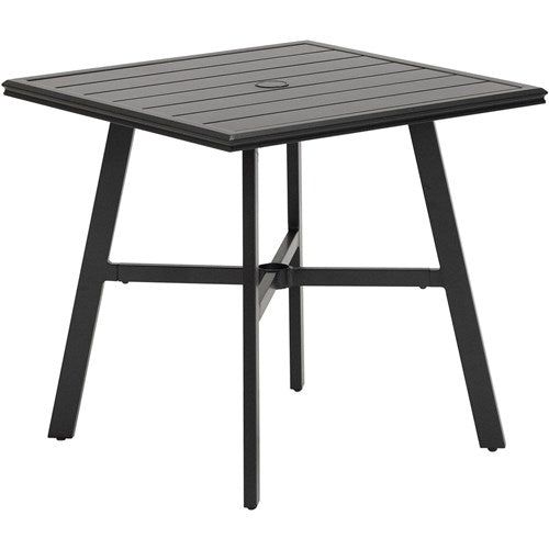 Hanover - Cortino 3pc Dining Set: 2 Slat Dining Chairs, 30" Sq Slat Table, Umbrella & Base - Gunmetal-United Backyard