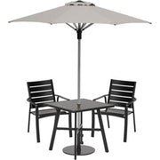 Hanover - Cortino 3pc Dining Set: 2 Slat Dining Chairs, 30" Sq Slat Table, Umbrella & Base - Gunmetal-United Backyard