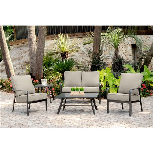 Hanover - Cortino 5pc: 2 Slat Back Club Chairs, Loveseat, Slat Coffee Table, 22" Side table - Cast Ash/Gunmetal-United Backyard