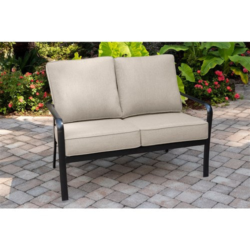 Hanover - Cortino 5pc: 2 Slat Back Club Chairs, Loveseat, Slat Coffee Table, 22" Side table - Cast Ash/Gunmetal-United Backyard