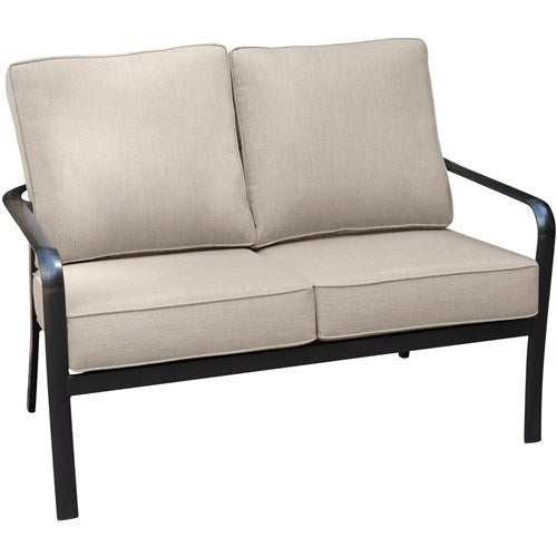 Hanover - Cortino 5pc: 2 Slat Back Club Chairs, Loveseat, Slat Coffee Table, 22" Side table - Cast Ash/Gunmetal-United Backyard