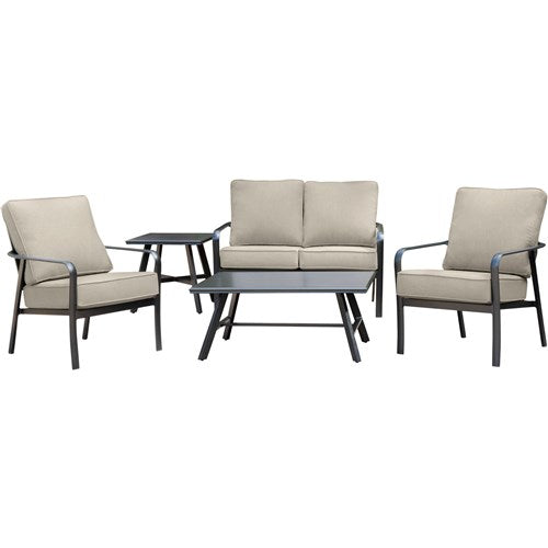 Hanover - Cortino 5pc: 2 Slat Back Club Chairs, Loveseat, Slat Coffee Table, 22" Side table - Cast Ash/Gunmetal-United Backyard