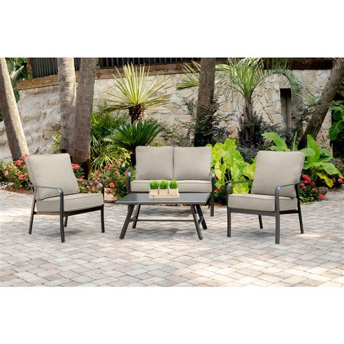 Hanover - Cortino 5pc: 2 Slat Back Club Chairs, Loveseat, Slat Coffee Table - Cast Ash/Gunmetal-United Backyard