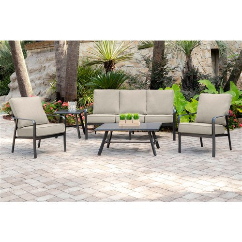 Hanover - Cortino 5pc: 2 Slat Back Club Chairs, Sofa, Slat Coffee Table, 22" Side Table - Cast Ash/Gunmetal-United Backyard