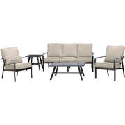 Hanover - Cortino 5pc: 2 Slat Back Club Chairs, Sofa, Slat Coffee Table, 22" Side Table - Cast Ash/Gunmetal-United Backyard