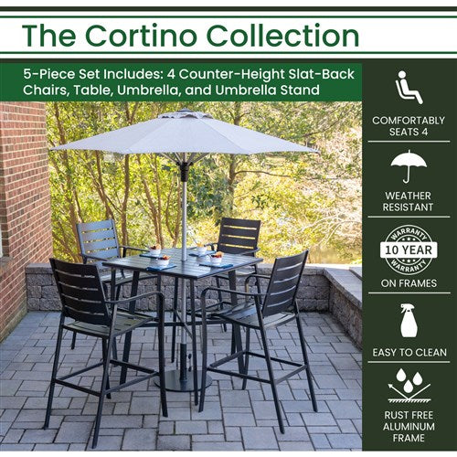 Hanover - Cortino 5pc Counter Height Dining: 4 Slat Chairs, 42" Slat Table, Umbrella & Base - Gunmetal-United Backyard