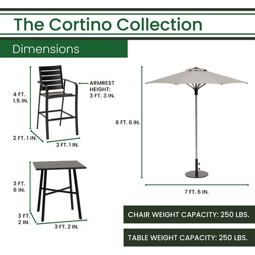 Hanover - Cortino 5pc Counter Height Dining: 4 Slat Chairs, 42" Slat Table, Umbrella & Base - Gunmetal-United Backyard