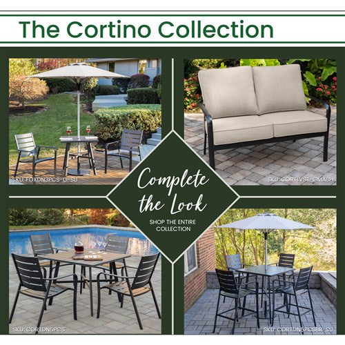 Hanover - Cortino 5pc Counter Height Dining: 4 Slat Chairs, 42" Slat Table, Umbrella & Base - Gunmetal-United Backyard