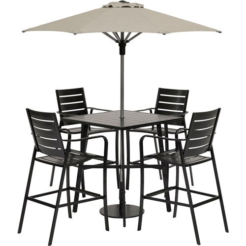 Hanover - Cortino 5pc Counter Height Dining: 4 Slat Chairs, 42" Slat Table, Umbrella & Base - Gunmetal-United Backyard