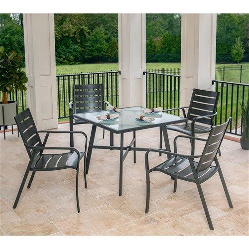 Hanover - Cortino 5pc Dining Set: 4 Alum Slat Dining Chairs and 1 38" Square Glass Table - Gunmetal-United Backyard