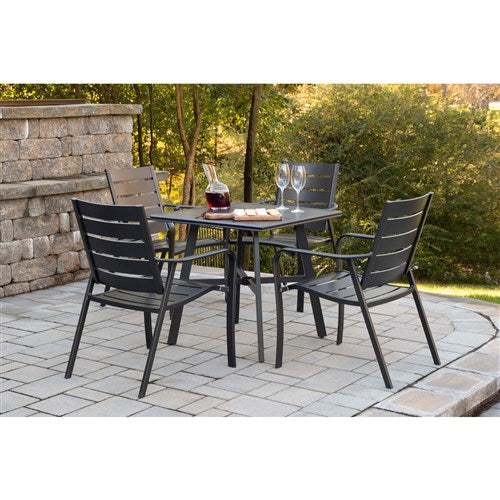 Hanover - Cortino 5pc Dining Set: 4 Aluminum Slat Dining Chairs and 1 38" Square Slat Table - Gunmetal-United Backyard