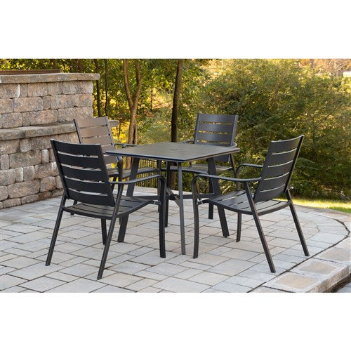 Hanover - Cortino 5pc Dining Set: 4 Aluminum Slat Dining Chairs and 1 38" Square Slat Table - Gunmetal-United Backyard