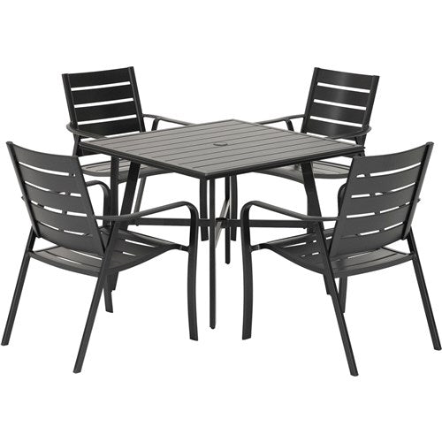 Hanover - Cortino 5pc Dining Set: 4 Aluminum Slat Dining Chairs and 1 38" Square Slat Table - Gunmetal-United Backyard