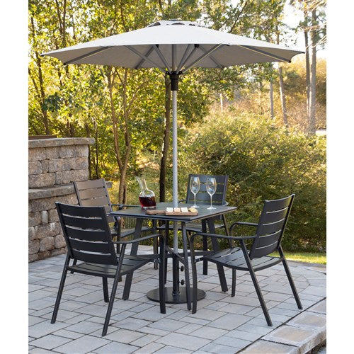 Hanover - Cortino 5pc Dining Set: 4 Slat Dining Chairs, 30" Sq Slat Table, Umbrella & Base - Gunmetal-United Backyard