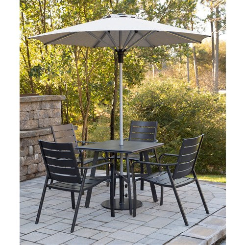 Hanover - Cortino 5pc Dining Set: 4 Slat Dining Chairs, 30" Sq Slat Table, Umbrella & Base - Gunmetal-United Backyard