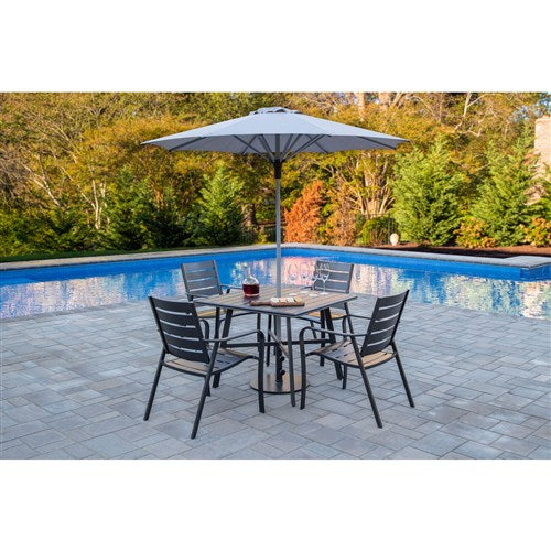 Hanover - Cortino 5pc Dining Set: 4 Slat Dining Chairs, 30" Sq Slat Table, Umbrella & Base - Gunmetal-United Backyard