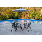 Hanover - Cortino 5pc Dining Set: 4 Slat Dining Chairs, 30" Sq Slat Table, Umbrella & Base - Gunmetal-United Backyard